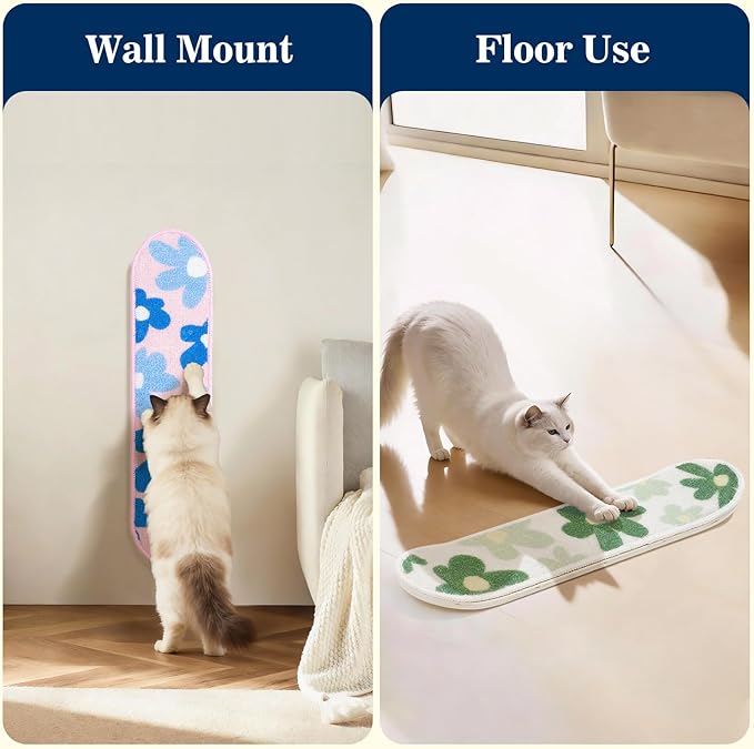 Wall Mounted Cat Scratching Board - Skateboard Style, Replaceable Scratch Mat, for Indoor Cats (24x6 Inches, Pink Flowers)