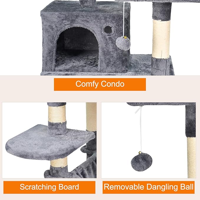 57-in Heavy-Duty Cat Tree for Large Cats, Multi-Level Tower with Sisal Scratching Posts, Plush Perch, Hammock & Condo Anti-Tip Design
