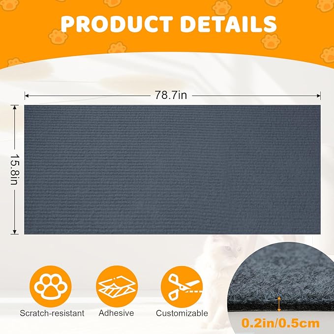 Cat Scratching Mat Self-Adhesive, 78.7'' x 15.8'', Trimmable Cat Scratch Pads Furniture Protector, DIY Climbing Cats Scratching Carpet for Couch, Door Frame or Wall Corner Protector (Light Gray)