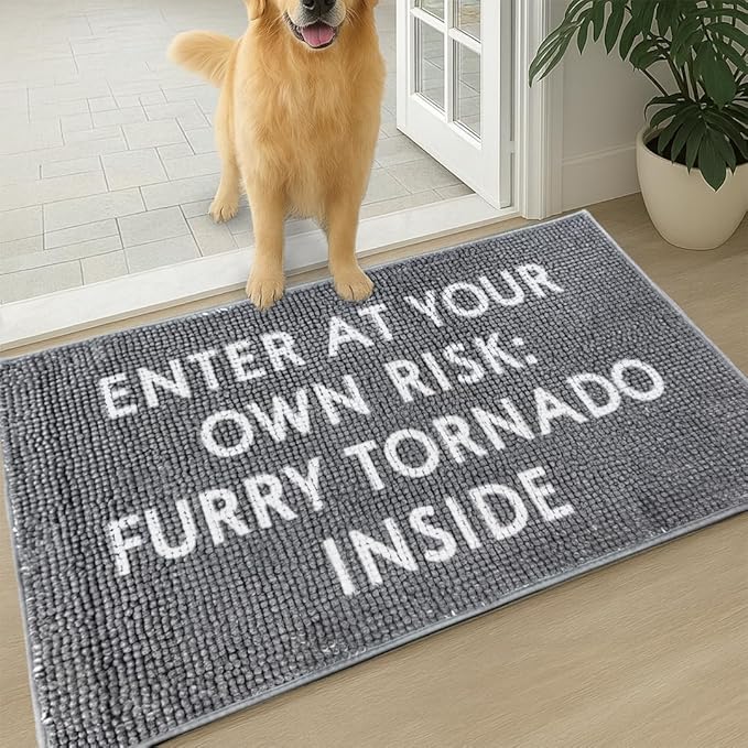 Muddy Mat® Absorbent Microfiber Door Mat and Pet Rug, Non Slip Washable Chenille Indoor Outdoor Rug - Enter at Your Own Risk Furry Tornado Inside Funny Pet Welcome Mat 19"x30"