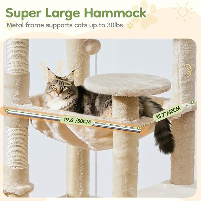 Taoqimiao 72 Inches Cat Tree for Large Cats, Multi-Level Tall Cat Tower, Widened Cat Condo with Large Scratch Board, 5 Scratching Posts, Metal Hammcock, Cozy Basket, Beige, MS045M