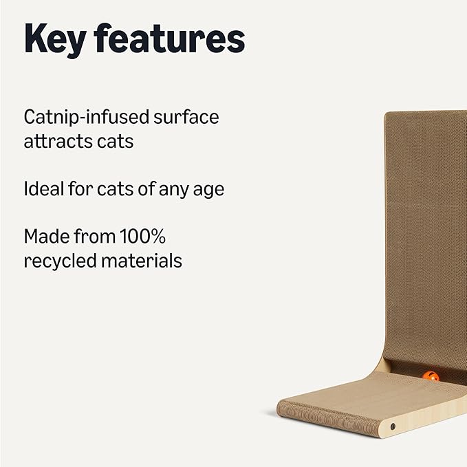 Amazon Basics Cat Scratch Post L-Shaped Cat Scratching Post Cat Scratch Pad with Interactive Ball Toy & Catnip, Cardboard Cat Wall Climber for Indoor Cats & Kittens, 16.5 x 11.4 x 26.8 in