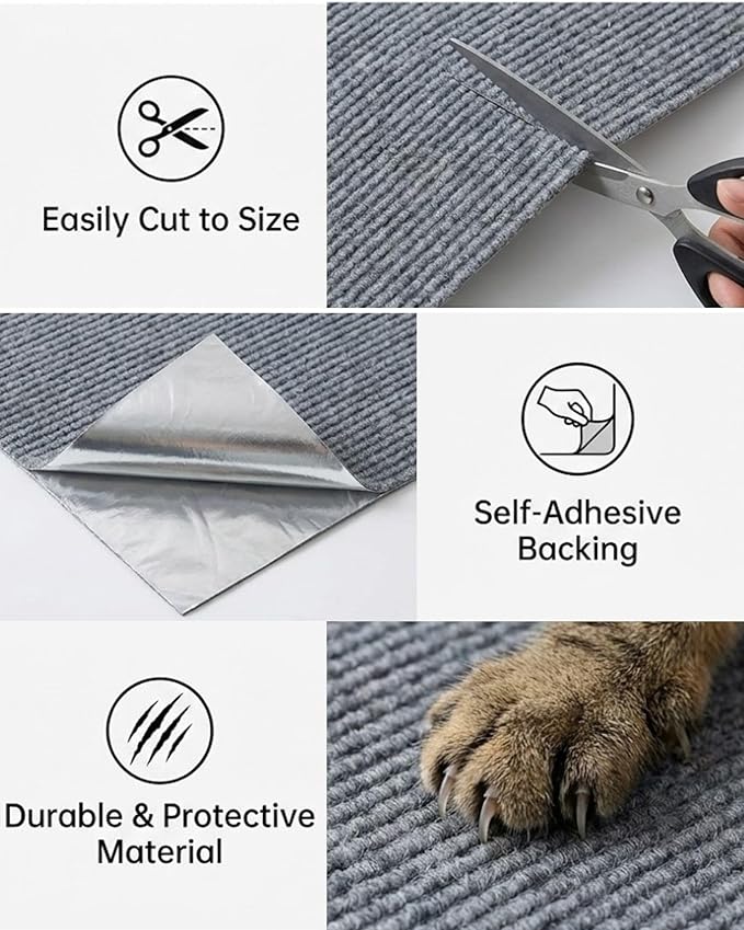 Trimmable Self-Adhesive Cat Scratch Mat, DIY Climb Scratcher for Cat Tower, Couch, and Furniture Protector, Replacement Pads (Grey, 23.6''x11.8'', 3-Pack)