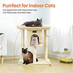 Cat Tree Tower Scratching Post for Indoor Large Cats, Small Cat Tree with Big Perch Bed, 28in Tall Trees House with Condo Cave, Toy Balls, Modern Climbing Furniture Platform for Kitten (Beige)