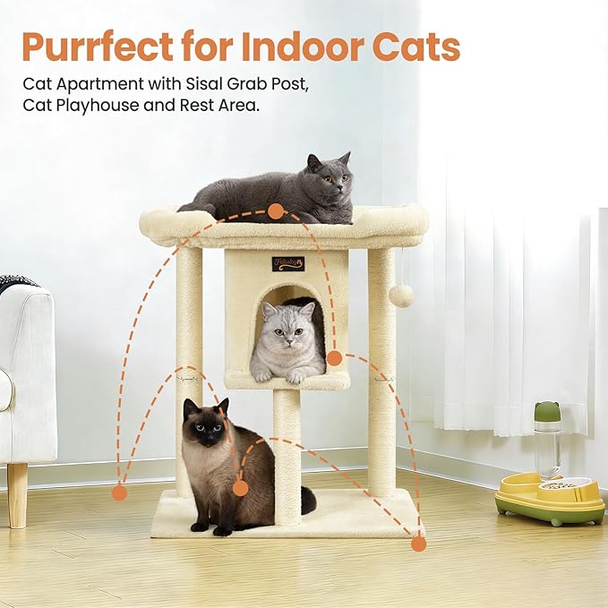 Cat Tree Tower Scratching Post for Indoor Large Cats, Small Cat Tree with Big Perch Bed, 28in Tall Trees House with Condo Cave, Toy Balls, Modern Climbing Furniture Platform for Kitten (Beige)