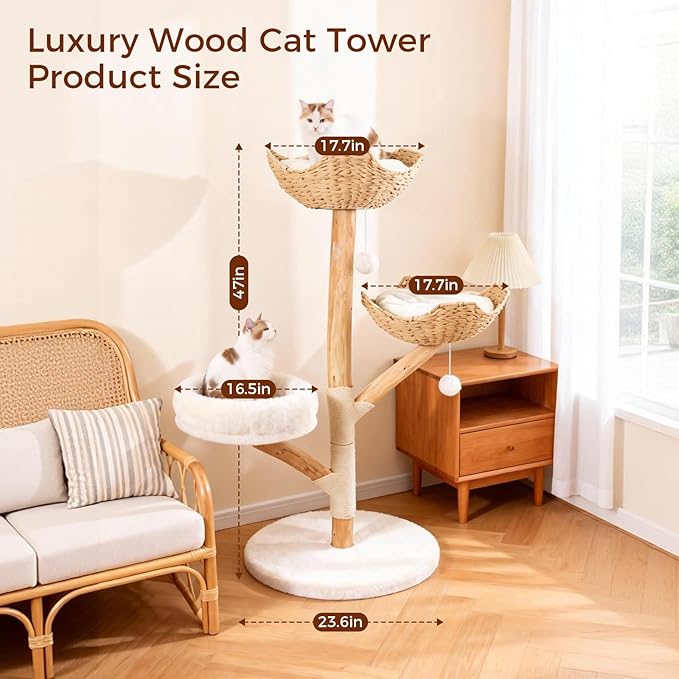 Wood Modern Cat Tree Tower for Large Cats, 47" Tall Cat Climbing Tower with Scratching Post, Luxury Cat Tree for Indoor Cats Large Adult, White
