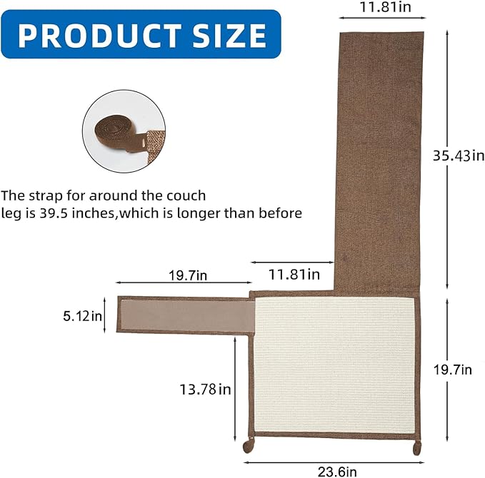 Cat Scratch Furniture Protector with Natural Sisal for Protecting Couch Sofa Chair Furniture,Couch Protector from Cat Claws 23.6L''*19.7W'' (Brown, Left Handed)