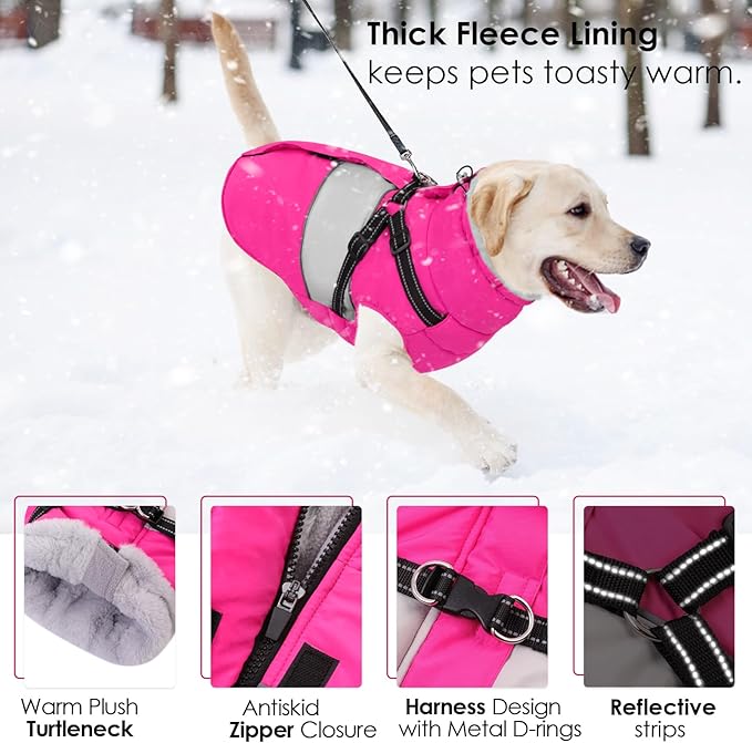 AOFITEE Dog Coat, Large Dog Jacket, Dogs Coat with Harness Built in, Reflective Waterproof Dogs Jackets Winter with Furry Collar, Warm Polar Fleece Pet Sweater Snowsuit for Doberman, Great Dane XXXL