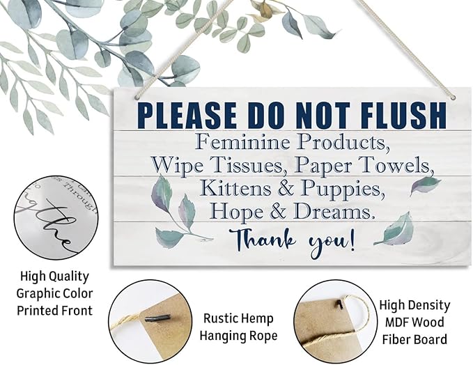 HALUOSI Hanging Printed Wooden Plaque Decor, Bathroom Rules Sign, 'Please Do Not Flush Feminine Products', Engineered Wood, 12x6 Inches
