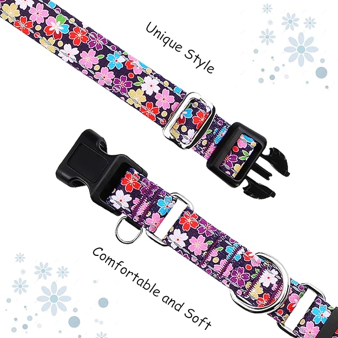 Reflective Martingale Collar for Dogs with Buckle Pretty Fancy Female Floral Dog Collars (Japanese Blossoms, XSmall)
