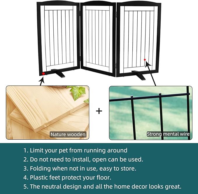 Dog Fence Indoor,Dog Gate Indoor for Doorway pet gate -3-Panel Freestanding, Hallways, House or Stairs -60x32-Inch Retractable Foldable Expandable Wood Pet by SFJC (Black) ﻿