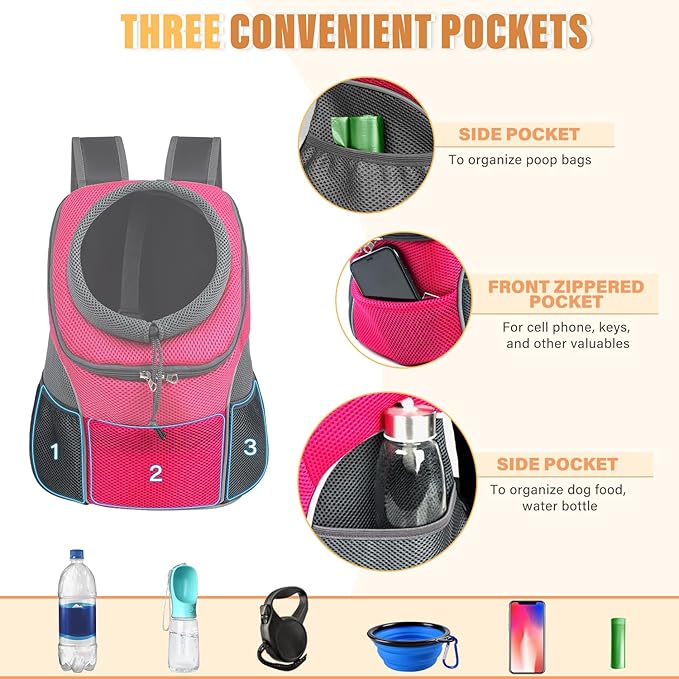 YUDODO 4-8lbs Dog Front Carrier Backpack, Adjustable Breathable Pet Carrier for Small Dogs, Ventilated Puppy Back Pack with Safety Belt, Lightweight Doggy Backpack for Hiking Outdoor (Rose, M)