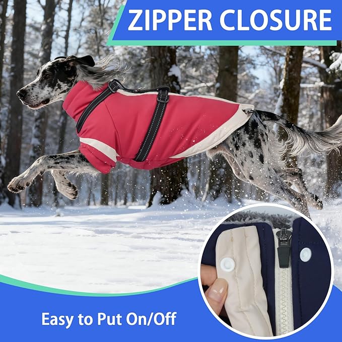 MIGOHI Warm Dog Coat Waterproof Small Dog Jacket with Harness,Reflective Fleece Snowsuit for Dogs,Windproof Puppy Coats with Legs for Cold Weather,Adjustable Pet Clothes for Puppies,Xs,Pink