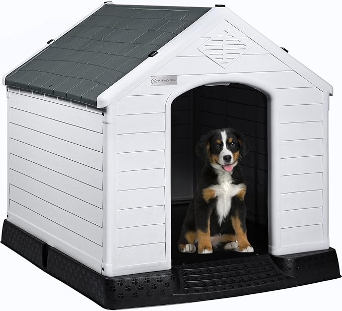 LEMBERI Durable Waterproof Plastic Dog House for Small to Large Sized Dogs, Indoor Outdoor Doghouse Puppy Shelter with Elevated Floor, Easy to Assemble (Gray, 42" L x 38" W x 39" H)