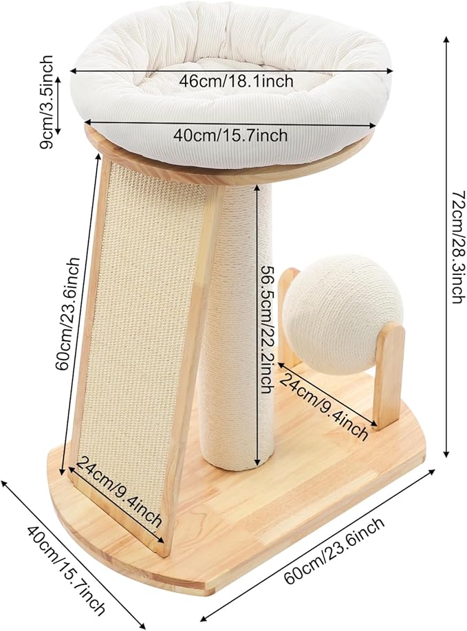 Wooden Cat Tree with Cuddle Bed and Scratching Posts, Multi-Level Cat Tower with Ramp and Ball, Compact Cat Furniture for Indoor Cats, Rubberwood Sisal Cat Climber for Small Spaces ﻿ (Style 1)