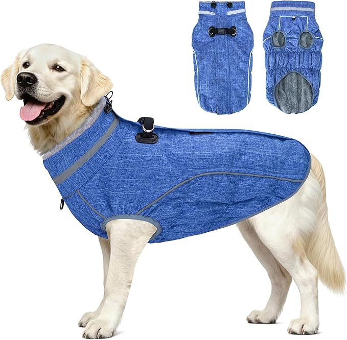 Malier Dog Coat, Reflective Dog Jacket Waterproof Windproof Puppy Cold Weather Coats with Harness Built in, Winter Extra Warm Pet Coat Fleece Vest for Small Large Pets and Puppy (Blue, Medium)