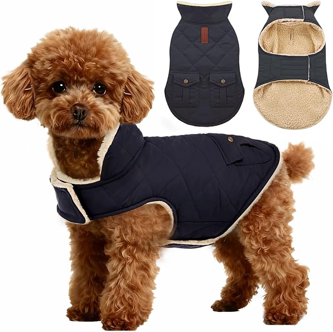 ASENKU Warm Dog Winter Coat, Waterproof Dog Coat for Cold Weather, Fleece Dogs Jacket with Ultra Thick Plush Lining Leash Hole Storage Pockets for Medium Large Dogs (Navy Blue, Large)
