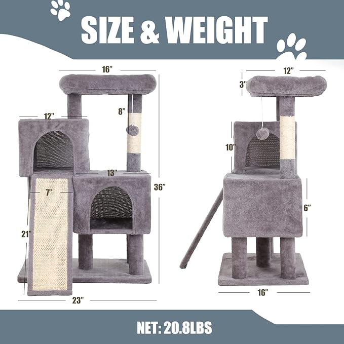 Cat Tree for Indoor Cats, 36in Cat Tower Multi-Level Cat Condo with Sisal Scratching, Scratching Board, Dangling Ball, Extra Large Perch for Cats and Kittens (Ashy)