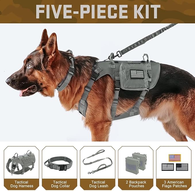 Forestpaw Tactical Dog Harness for Large Dogs,Tactical Dog Collar with Bungee Leash Set,No Pull Military Dog Harness for Walking Training,Adjustable for Medium Large Dogs,Gray,Chest 21.5-45"