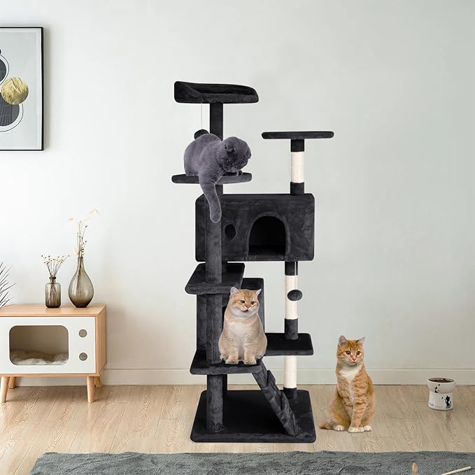 Cat Tree 53 inches Cat Tower for Indoor Cats Cat House with Replaceable and Removable Dangling Ball Cat Trees and Towers with Funny Toys, Dark Gray