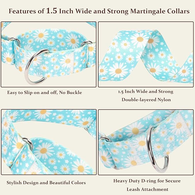 1.5 Inch Martingale Dog Collar - No Pull Nylon Training Collar for Medium, Large & XL Dogs | Heavy Duty Adjustable Choke-Free Collar for Large Breed Pets (Blue Daisy M