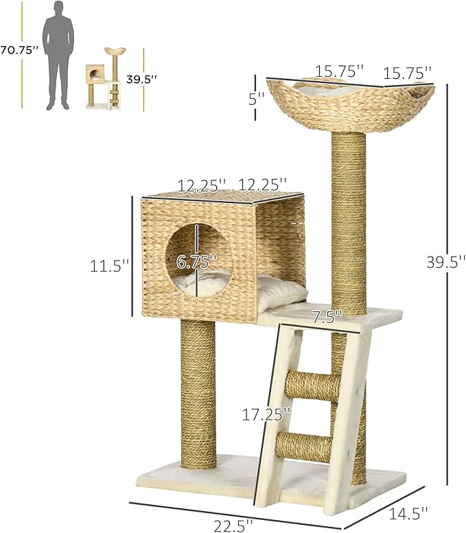 PawHut Cattail Weave Cat Tree for Indoor Cats Kitty Tower with Rattan Cat Condo, Wicker Bed, Ladder, Washable Cushions, 22.5" x 14.5" x 39.5", Natural