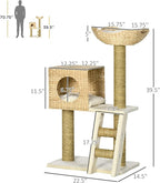PawHut Cattail Weave Cat Tree for Indoor Cats Kitty Tower with Rattan Cat Condo, Wicker Bed, Ladder, Washable Cushions, 22.5" x 14.5" x 39.5", Natural