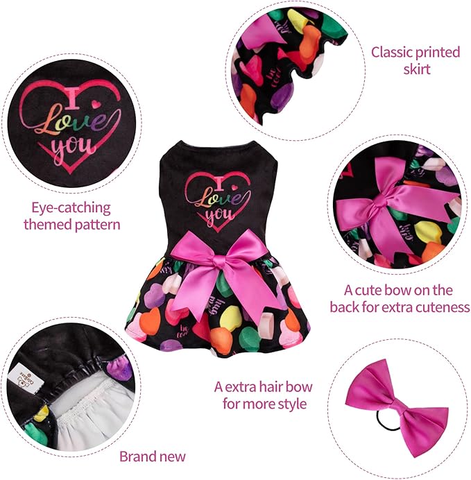 CuteBone I Love U Dress Velvet for Small Dogs Girl Puppy Dresses Black Dog Clothes CVA11XS-D