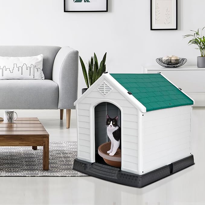 ZENY Plastic Dog House - Waterproof Dog Kennel with Air Vents and Elevated Floor All Weather Indoor Outdoor Insulated Doghouse Puppy Shelter, Easy to Assemble (Green, 28inch)