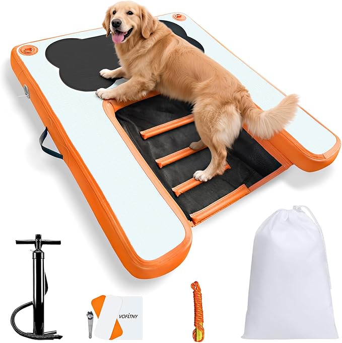 VOFiTNY Dog Pool Ramp 4.6ft x 3.3ft x 4in Inflatable Puppy Water Raft Plank Portable Pup Mat Floating Doggy Floats Ladder Boat Lake Play Bright Orange