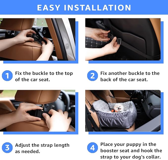 Dog Car Seat for Small Dogs, Washable Pet Booster Car Seats with Clip-On Safty Leash, Comfy Deluxe Plush Carseat with Storage Pockets, Puppy Travel Carrier Bed for Dogs Under 25 lbs, Grey
