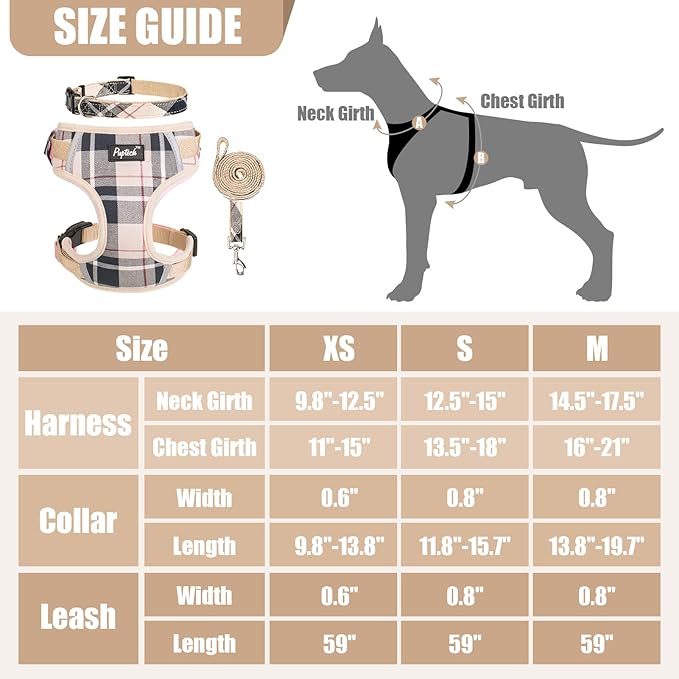 PUPTECK Small Dog Harness and Leash Set, No Pull Adjustable Puppy Cat Harness, Reflective Soft Mesh Pet Vest Small Sized, Beige Plaid, S