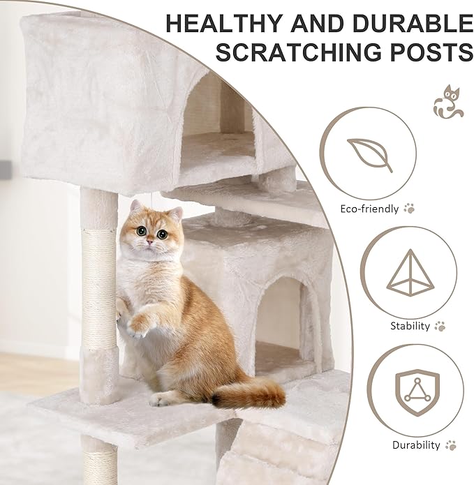 70" Multi-Level Cat Tree Tower with Scratching Posts, Toys & Condo - Space-Saving Design for Indoor Kittens, Compact Floor Footprint & Vertical Space for Multi-Cat Homes-Beige