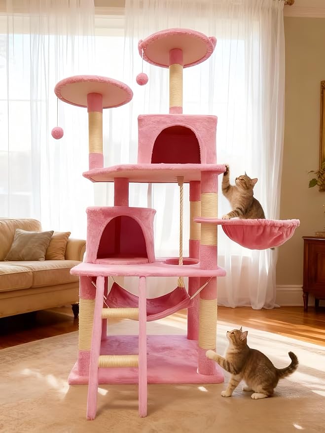 Cat Tree 60.63 inches Cat Tower for Indoor Cats, Multi-Level Cat Condo Furniture with Scratching Posts, Plush Perches, Activity Center with Cozy Basket & Hammock for Cats (Pink)