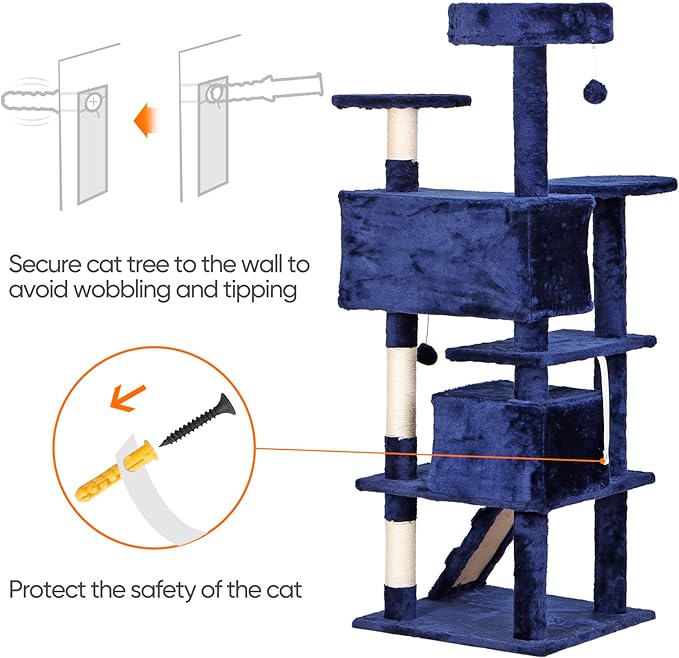 LEMY 54 Inch Cat Tree,Multi-Level Cat Tower Condo for Indoor Kittens,Blue Cat House with Sisal-Covered Scratching Post for Cats to Play and Sleep