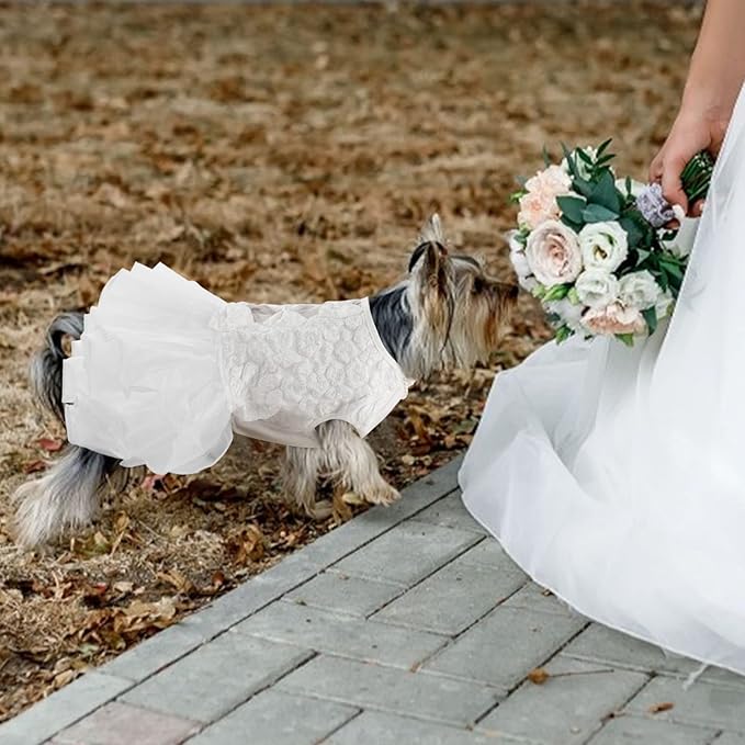 ASENKU Dog Dress, Dog Wedding Dress, Pet Lace Princess Dress with Bows for Wedding Birthday Party, Puppy Formal Apparel with Pearl Necklace for Medium Large Dogs (White, Large)