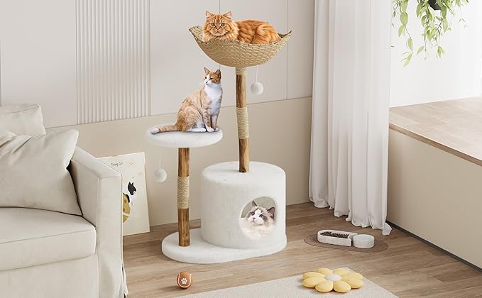 Wood Cat Tree Tower, Natural Wood & Rattan Scratching Posts, 59-Inch Cat Furniture with Condo & Woven Basket, Multi-Level Climbing Tree for Large Adult Cats
