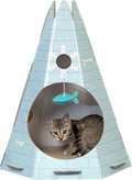 Furhaven Cat Cave Hideout w/ Catnip for Indoor Cats, Ft. Scratching Pad & Toys - Tundra Tent Corrugated Cat Scratcher Hideout - Ice Block Print, One Size