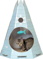 Furhaven Cat Cave Hideout w/ Catnip for Indoor Cats, Ft. Scratching Pad & Toys - Tundra Tent Corrugated Cat Scratcher Hideout - Ice Block Print, One Size