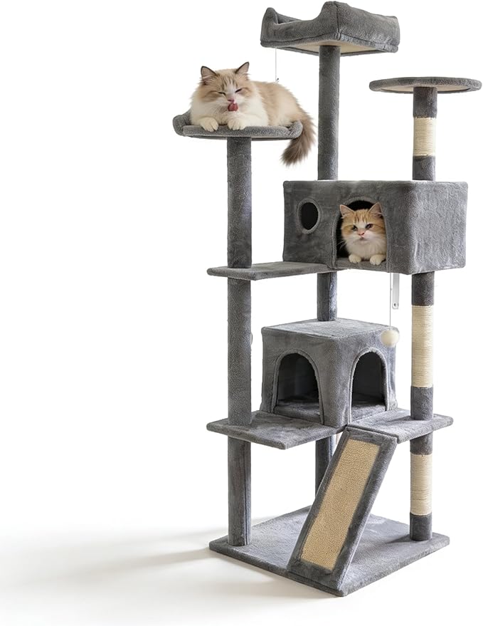 Pawly 60.63" Large Cat Tree with 2 Condos & Sisal Ramp, Premium CARB P2-Compliant Particle Board, 350G Plush Sturdy Cat Tower for Large Breeds, Senior Cats & Multi-Cat Household, Gray