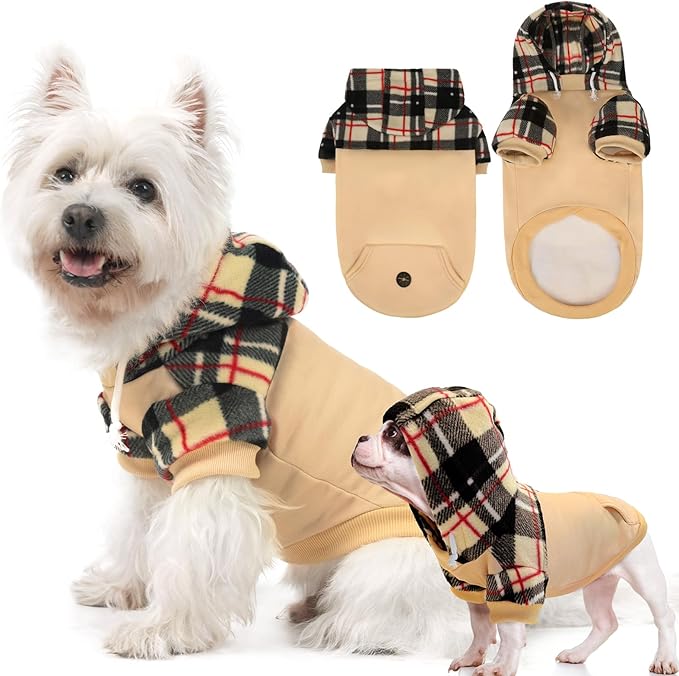 Dog Hoodie for Small Medium Large Dogs, Fleece Plaid Pet Hooded Clothes Sweater with Hat & Pocket for Cold Weather Winter,Warm Soft Pullover Sweatshirt Coat Outfit for Puppy Girls Boys Beige M