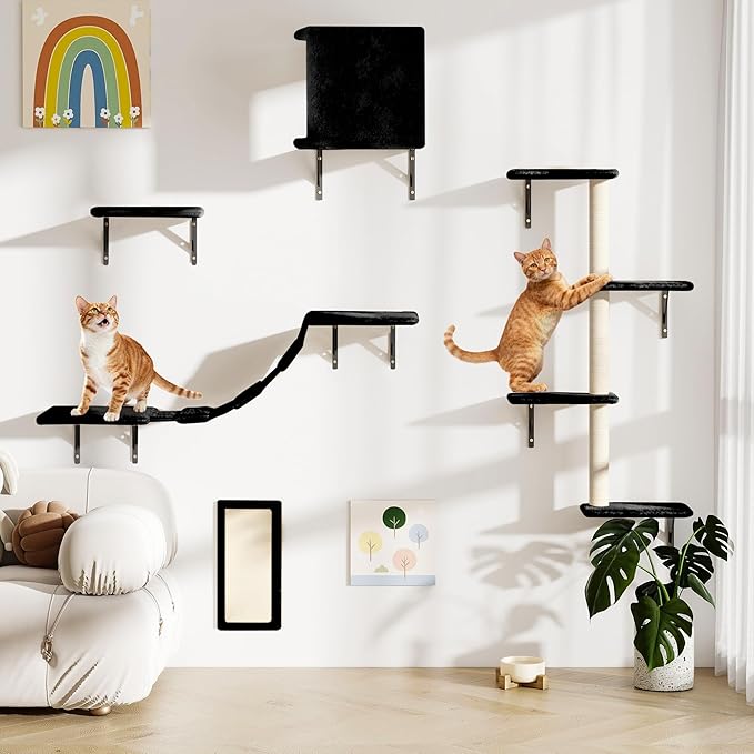 Wall Mounted Cat Furniture Set of 5 With Tree, Perch, Scratcher, Bridge and Condo, Gray (Black)