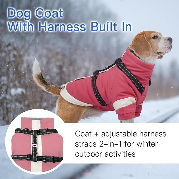 Turtleneck with Sleeves Dog Coats for Medium Dogs-L| Jackets with Reflective Harness Built in,Water-Repellent & Windproof Snowsuit,Soft Warm Lining for Beagle Cold Protection(Pink)
