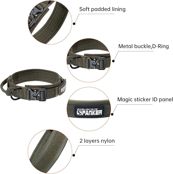 EXCELLENT ELITE SPANKER Tactical Dog Collar Nylon Adjustable Training Collar Military Dog Collar Heavy Duty Metal Buckle with Control Handle for Medium and Large Dogs with Patches(Ranger Green-M)