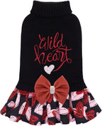 CuteBone Core Spun Dog Sweater Dress for Small Dogs Girl, Wild Heart Embroidery Turtleneck Medium Dog Sweater with Leash Hole, Dog Coat for Chihuahua Yorkie Teacup DS103XS