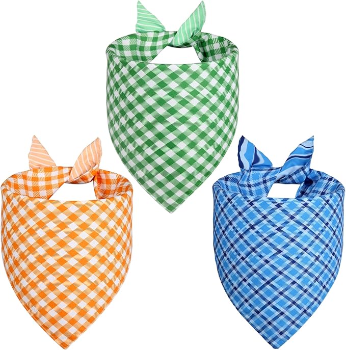 3PCS Dog Bandanas Large, Summer Scarf, Durable Triangle Reversible Orange Blue Green Bibs Handkerchief for Puppy Pet