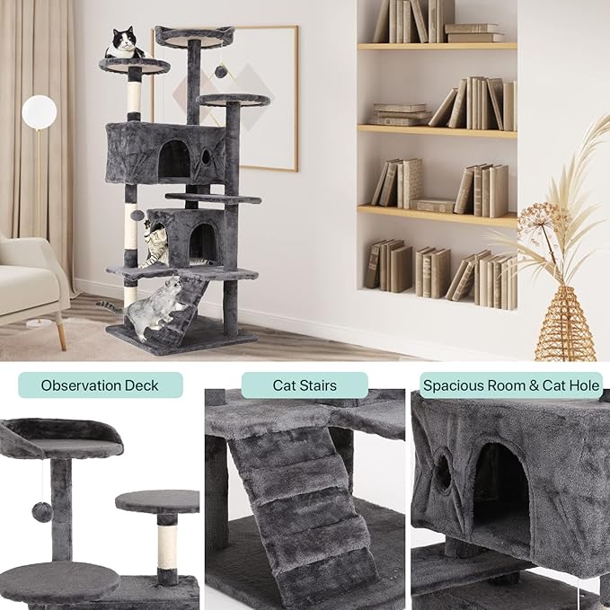 Cat Tree for Indoor Cats Cat Condo Cat Tower with Scratching Post Cat Tease Ball Perches Platform for Small and Medium Cats 54 Inch Multi-Level, Ashy