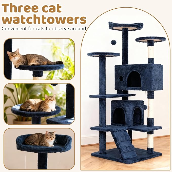BestOffice 54 Inch Cat Tree, Multi-Level Cat Tower with Condo, Perches, Sisal Scratching Posts, Climbing Ladder,Indoor Activity Center Play House for Kittens & Adult Cats, Navy Blue