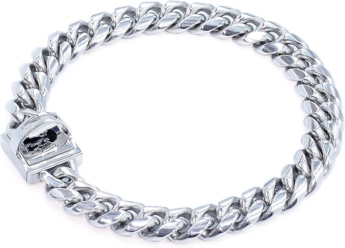Heavy Duty Cuban Link Chain Dog Collars 15MM Gold/Silver Stainless Steel Metal Walking Training Collars with Cute Secure Design Buckle, Chew Proof, for Large Medium Small Dogs (Silver, 14'')
