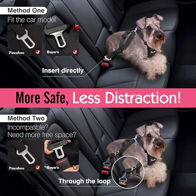 Pawaboo Breathable Dog Seat Belt Harness for Car, Adjustable Dog Safety Vest Harness with Vehicle Connector Strap, M, Black + Silver